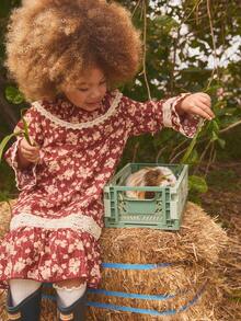 1 pieza Vestido de niña con estampado floral, corte holgado, puños acampanados, estilo vintage elegante, versátil para el otoño
