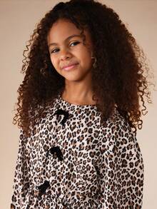 SUMWON Tween Girls Leopard Print Peplum Long Sleeve Blouse With Cinched Waist And Flounce Hem - Brown - View 3