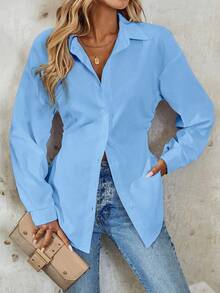 EMERY ROSE Women's Elegant Solid Color Ruched Waist Long Sleeve Blouse, Holiday Wear Women Shirt - Blue - View 3