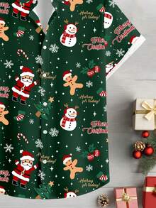 Manfinity Homme 男士休闲日常圣诞老人和圣诞树印花纽扣短袖衬衫 - 綠色 - 查看 4