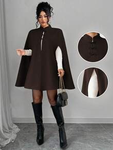 Elenzga 大码女式优雅扣领羊毛斗篷大衣 - 咖啡棕 - 查看 1