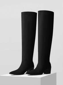 Mnmlis 秋冬时尚尖头加厚保暖卡其色过膝长靴女 - 黑色 - 查看 2