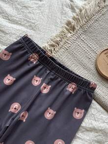 Vintaside Kids 女婴秋冬毛绒可爱熊刺绣圆领长袖卫衣搭配简约休闲熊数码印花裤套装，适合露营和居家穿着 - 棕色 - 查看 4