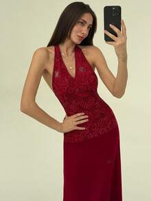 Aloruh Apricot Romantic Date Party Halter Deep V Backless Extra Long Mesh Patchwork Women Dress Red - Apricot - View 6