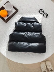 SHEIN Black Solid Color Casual Warm Thick Vest Jacket For Young Girls And Girls, Suitable For Autumn And Winter Wear. Matching Parent-Child Vest Jacket, Thick Jacket, Fashionable And Cutting-Edge Design, Suitable For Both Indoor And Outdoor Wear. Simple Style, Suitable For Everyday Wear, Sports, Play, Parties, Photo Shoots, Vacations, And Holidays.