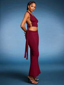 Normani Conjunto de 2 peças com Saia Franzida, Decote Profundo em V e Costas Abertas, Elegante e Sexy, para Praia e Férias - Vinho - Visão 7