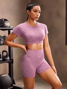 Powerista Conjunto deportivo de camiseta corta de manga corta y cuello redondo con estampado de cebra y pantalones cortos para mujer - Morado - Ver 4