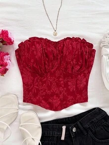 Soleia Damen Urlaub rotes sexy gerafftes strukturiertes Stoff Bandeau Volant Bodycon Top, für Party, Date Night, Valentinstag, Nachmittagstee