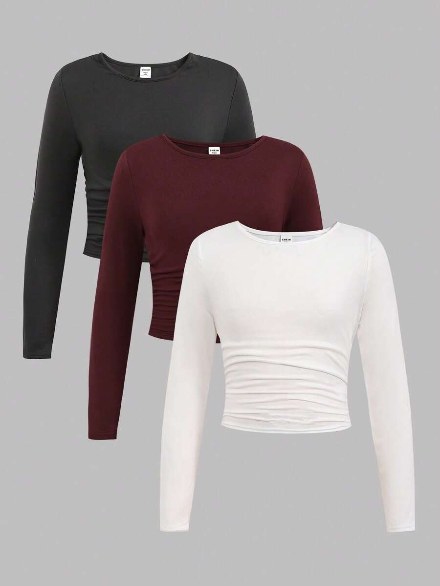SHEIN Girlism 3pcs/Set Tween Girls' Fitted Casual Solid Color Round Neck Ruched Long Sleeve T-Shirts - Burgundy - View 1