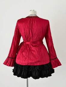 Sunspun Große Größen Satin Rüschen Saum Patchwork Langarm Hemd - Rot - Übersicht 2