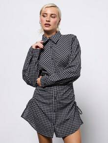 COUREZ 褶皱侧边格纹衬衫裙 / Y2K 冬季穿搭 冬季连衣裙 优雅外出连衣裙 长袖连衣裙 新年 - 藏蓝色 - 查看 5