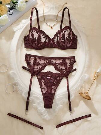 5pcs Women's Embroidered Mesh Sexy Lingerie Set Lace Lingerie Set Embroidered Lingerie Lingerie Sets Garter Lingerie Set