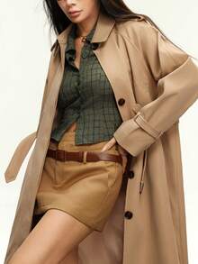 INAWLY Women's Casual Solid Color Belted Trench Coat - Khaki - View 2
