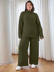 EURMUSE Suéter informal con cuello alto y cordones para tallas grandes - Verde militar - Ver 6