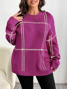 Elenzga Plus Size Casual Plaid Drop Shoulder Loose Knit Sweater, Autumn/Winter - Red Violet - View 4