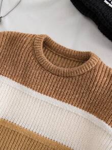 Suéter grueso de punto con patchwork de rayas anchas de color contrastante, versátil para niños pequeños, adecuado para la escuela y el uso en el hogar en otoño/invierno - Marrón Chocolate - Ver 5
