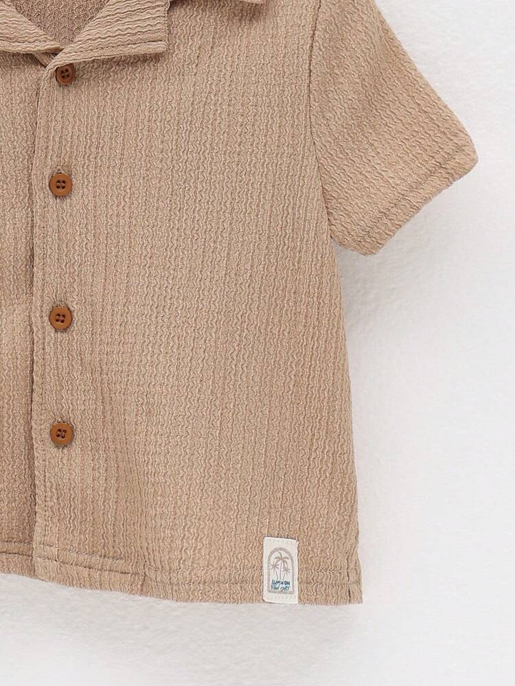 Textured Button Down Shirt And Drawstring Shorts Set