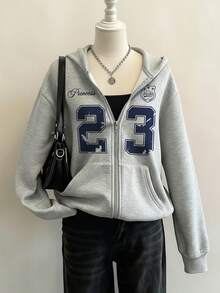 SHEIN EZwear Sudadera con capucha con cremallera de punto gris Attitoon, estilo universitario con patrón de insignia, talla 23, sudadera casual y elegante para mujer para otoño/invierno