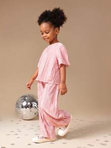 SUMWON Girls Plisse Flutter Sleeve Two Piece Coordinated Set Summer Party Outfit Textured Co-Ord - Baby Pink - View 1