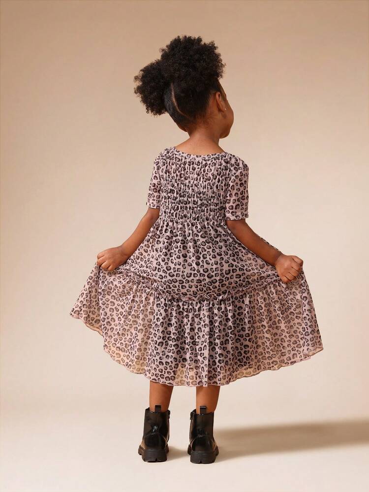 Leopard Print Mesh Dress With Elastic Waist