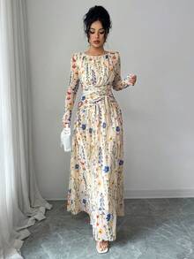 Rafferiza 女式优雅花卉网眼褶饰抽绳长袖连衣裙 - 杏色 - 查看 5