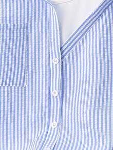 Franclia Fashionable Daily Casual Striped Short Sleeve Textured Blue And White Stripe Design Summer Women's Blouse Summer Top School Concert Cute Shirts Fall 4th Of July Shirt Classy Country