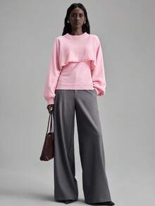 Ontre 1pc Women's Soft Pink Knitted Set,Loose Drop Shoulder Long Sleeve Cropped Top & Camisole,Wool Blend Sweater For Autumn,Casual Lounge & Holiday Party - Baby Pink - View 2