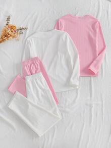 4 件套女童优雅针织提花纹理长袖上衣和裤子家居服套装，时尚简约，适合日常穿着 - 粉色 - 查看 2