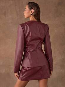 SHEIN BAE Ensemble tailleur femme composé d'un blazer à manches longues avec boutons devant et d'une jupe crayon de couleur unie - Rouge foncé - Voir 2