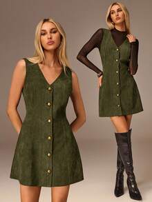 SHEIN Forever 21 女式纯色V领单排扣休闲无袖迷你连衣裙 - 軍綠色 - 查看 1