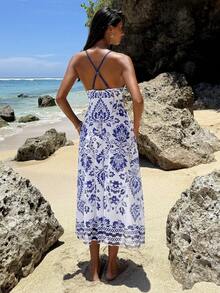 Swim Vcay Vestido largo de verano con tirantes finos y espalda descubierta con estampado, vestido casual tipo pareo para cubrir traje de baño, escote en V