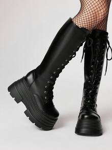 ROMWE Grunge Punk 女式深色朋克哥特式交叉绑带靴，皮革表面派对长靴，带扣带马靴，过膝高筒靴，万圣节