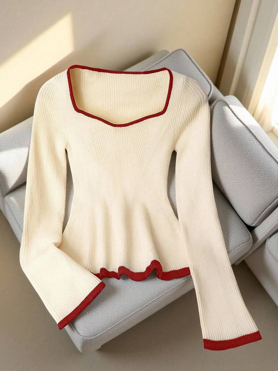 Franclia 法式优雅方领弹力修身长袖针织毛衣，撞色饰边可爱荷叶边套头衫，适合秋季返校日穿，荷叶边下摆针织上衣，适合秋冬 - 彩色 - 查看 1