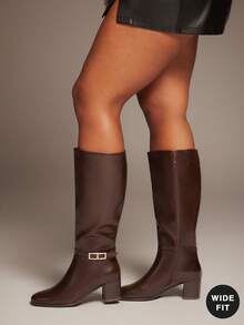 SHUZIA Botas hasta la rodilla con hebilla, tacón ancho y cómodo para mujer - Café integral - Ver 4