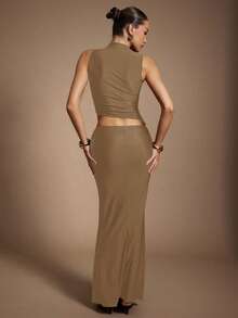 Hauture Váy Maxi đuôi cá màu nâu sẫm lấp lánh có chi tiết cắt xẻ và xích cho nữ - Màu Khaki - Xem 6