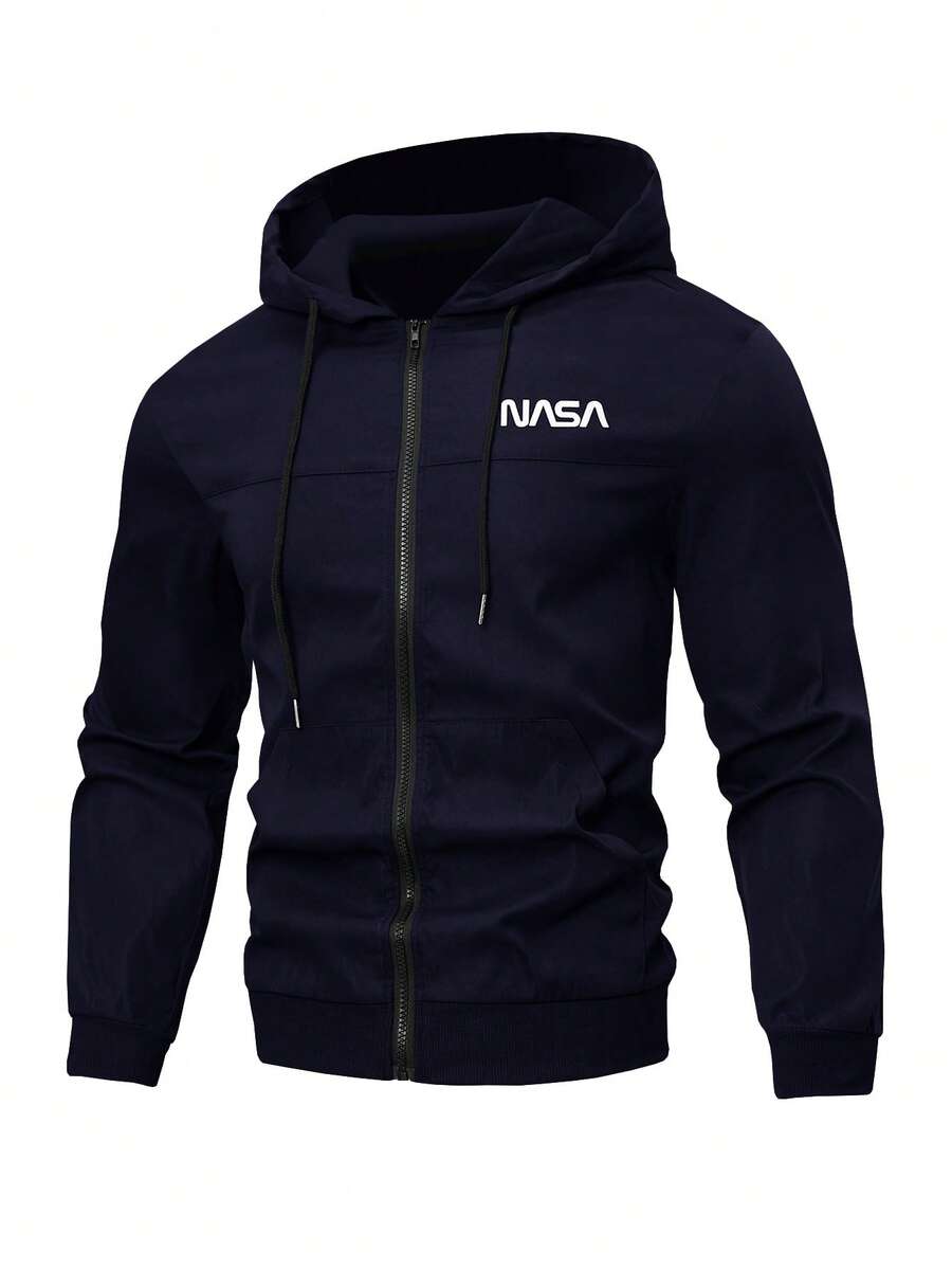 Manfinity Homme Plus Size Men's Casual Printed Hooded Long Sleeve Jacket - Navy Blue - View 1