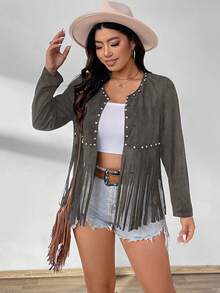 EMERY ROSE Chaqueta talla grande con cuentas de burbuja en el frente y bajo con flecos, de manga larga - Gris Oscuro - Ver 6