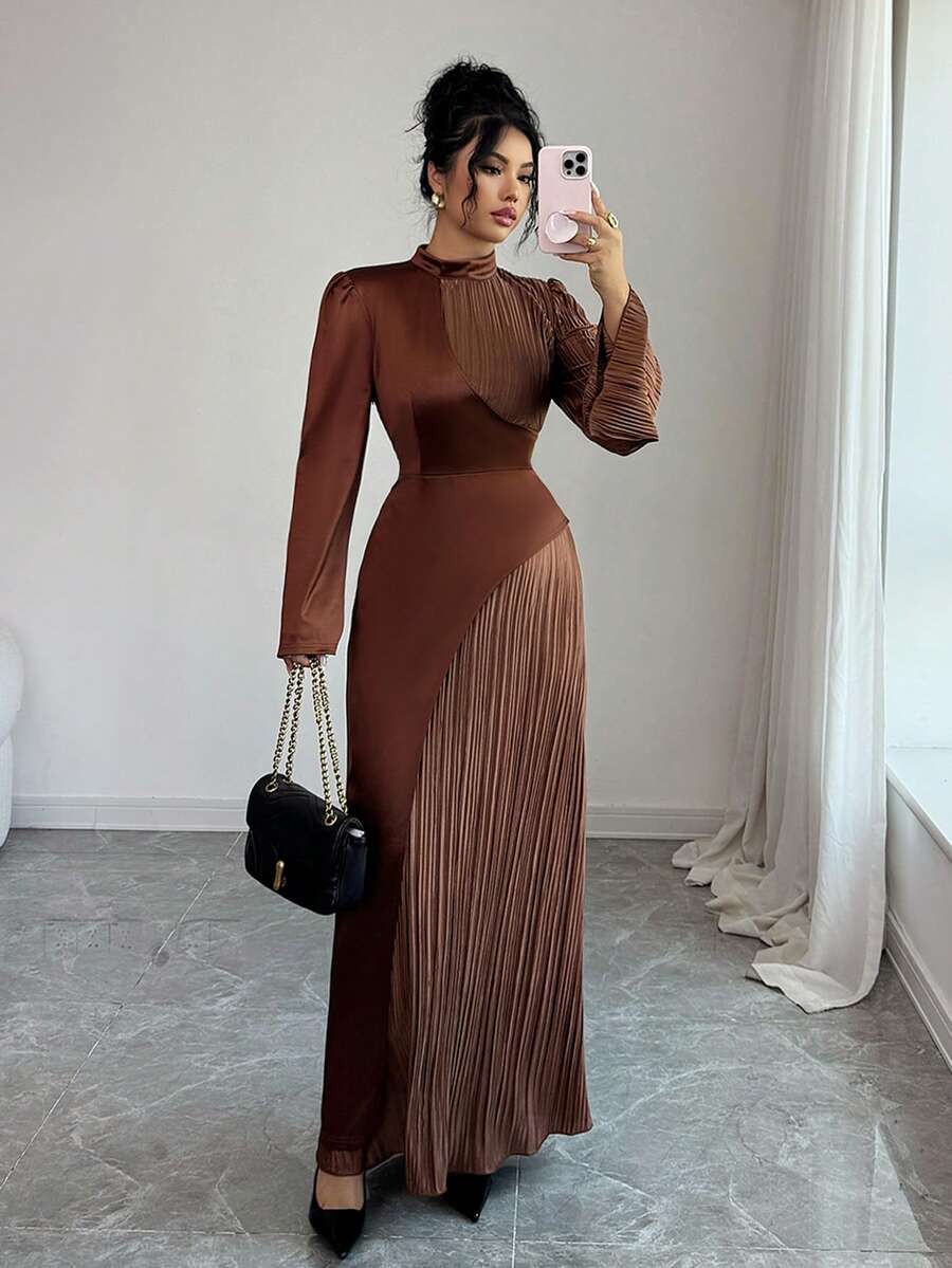Selianne Women's Brown Round Neck A-Line Waist Pleated Fabric Patchwork Elegant Long Sleeve Dress, Suitable For 20-35+ Women For Daily, Holiday, Evening, Office Wear, Spring/Autumn