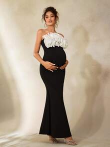 Cheriluna Maternity 浪漫优雅3D立体花卉高弹力面料孕妇写真礼服，正式礼服/优雅派对礼服/黑色礼服/碎花礼服 - 彩色 - 查看 5