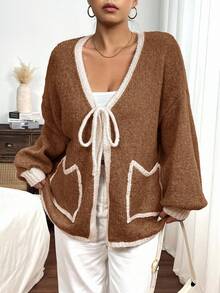 Lounesse Plus Size Casual Colorblock Drawstring Cardigan Sweater In Fall/Winter Brown Cardigan Brown Sweater Oversized Cardigan Sweater Cardigan Knit Cardigan - Multicolor - View 4