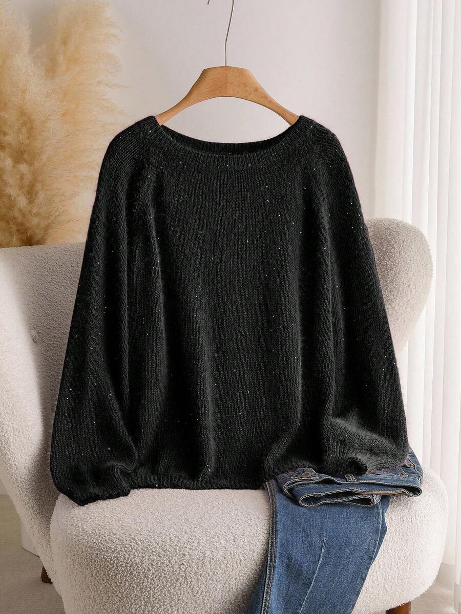 CosyJoli Áo len chui đầu tay raglan màu hồng đính sequin cỡ lớn cho nữ vào mùa thu/đông - màu đen - Xem 1