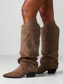 MISSGUIDED 西部及膝靴尖头牛仔靴冬季时尚休闲高筒靴粗跟绒面革秋季休闲日常鞋履 - 卡其色 - 查看 4