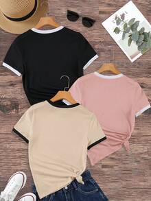 EMERY ROSE Áo thun nữ cổ tròn tay ngắn họa tiết khối màu thường ngày, mùa hè - Nhiều màu - Xem 2