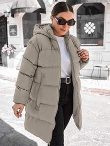 EURMUSE Plus Size Casual Solid Color Hooded Jacket, Versatile For Winter - Grey - View 5