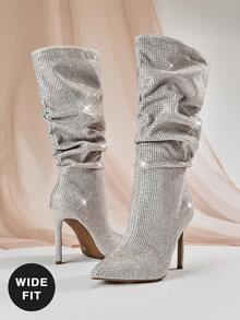SHUZIA Women's Wide Calf Dressy Glittery Slouchy Mid-Calf Rhinestone Boots