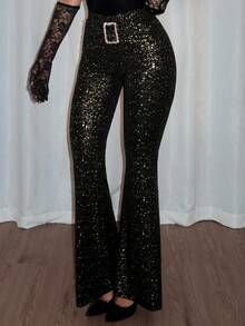 Rafferiza 女式 V 腰闪亮面料紧身裤，修身廓形，高品质质感，适合节日装扮和派对 - 黑色 - 查看 1
