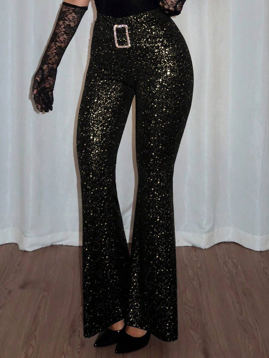 Rafferiza 女式 V 腰闪亮面料紧身裤，修身廓形，高品质质感，适合节日装扮和派对 - 黑色 - 查看 1