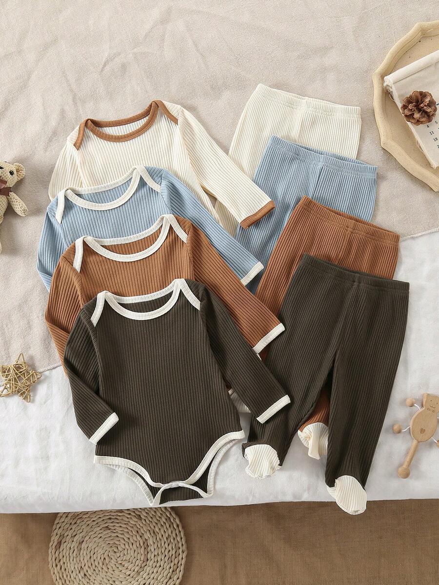 8件套/4套新生儿简约罗纹针织高品质柔软加厚长袖连体衣和裤子睡衣套装，撞色滚边经典四季皆宜，易于更换尿布 - 彩色 - 查看 1