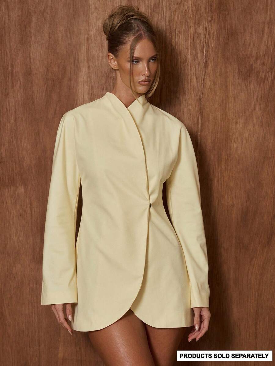 MUSERA High Neck Fitted Cinched Waist Blazer Only Cute Date Night Going Out Autumn Fall  Night Out Work Office Back To School Clean Cut Winter Party  Elegant Evening - Yellow - View 1