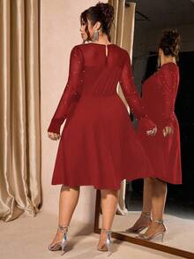 Cravure Plus Size Women's Elegant Fitted Beaded Contrast Color Dress, Mesh Patchwork Cinched Waist Club Party Evening Gown - Red - View 2